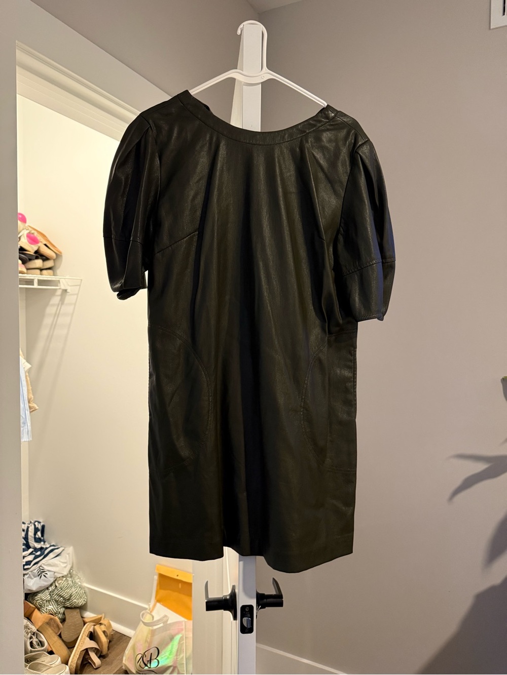 Velvet by Graham & Spencer Black Faux Leather Puff Sleeve Shift Dress